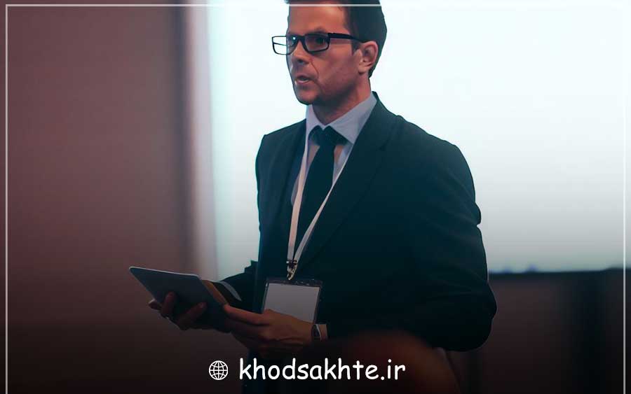 Presenting a speech at the conference